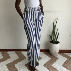 navy and white striped stretchy palazzo pants