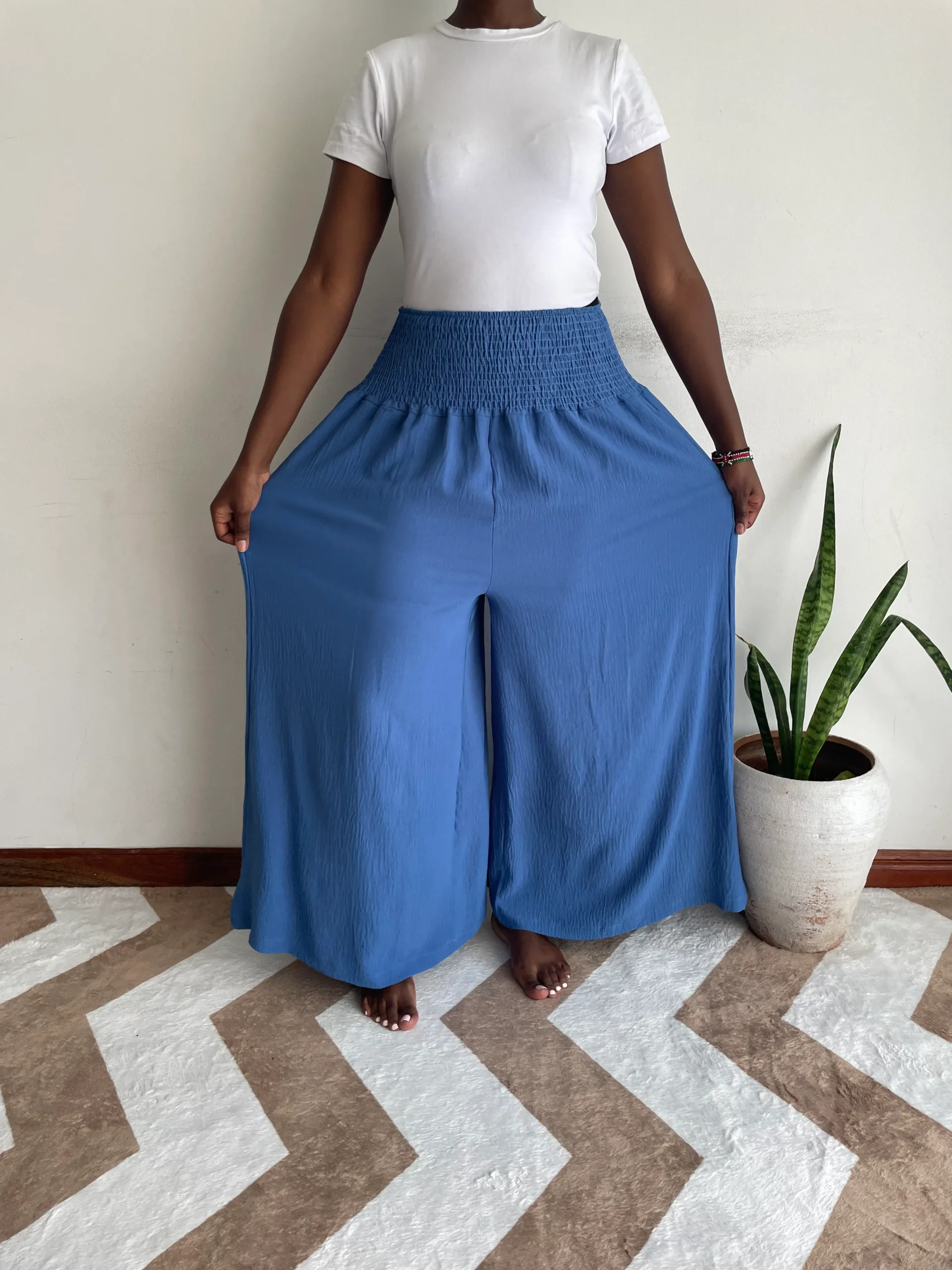 Blue Smocked Waist Wide Leg Palazzo Pants blue smocked waist wide leg palazzo pants kenya