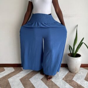 New Arrivals cornflower blue shirred wide-leg pants front view