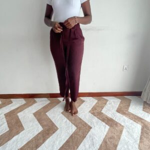 Home maroon drawstring tapered trousers front view