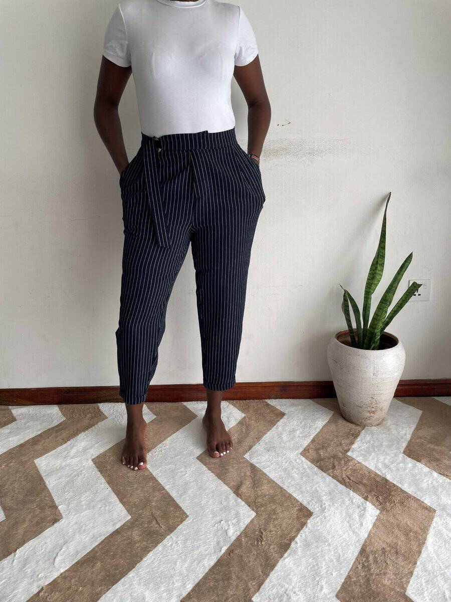 navy pinstripe tapered size 14 01 navy pinstripe tapered trousers front view