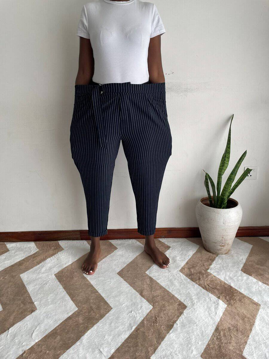 navy pinstripe tapered size 14 02 navy pinstripe tapered trousers side view