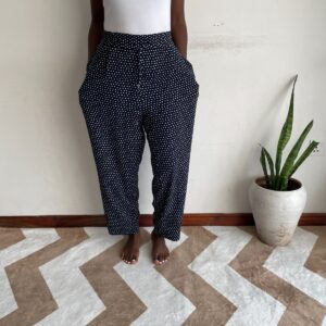 Home navy and white polka dot harem pants front view