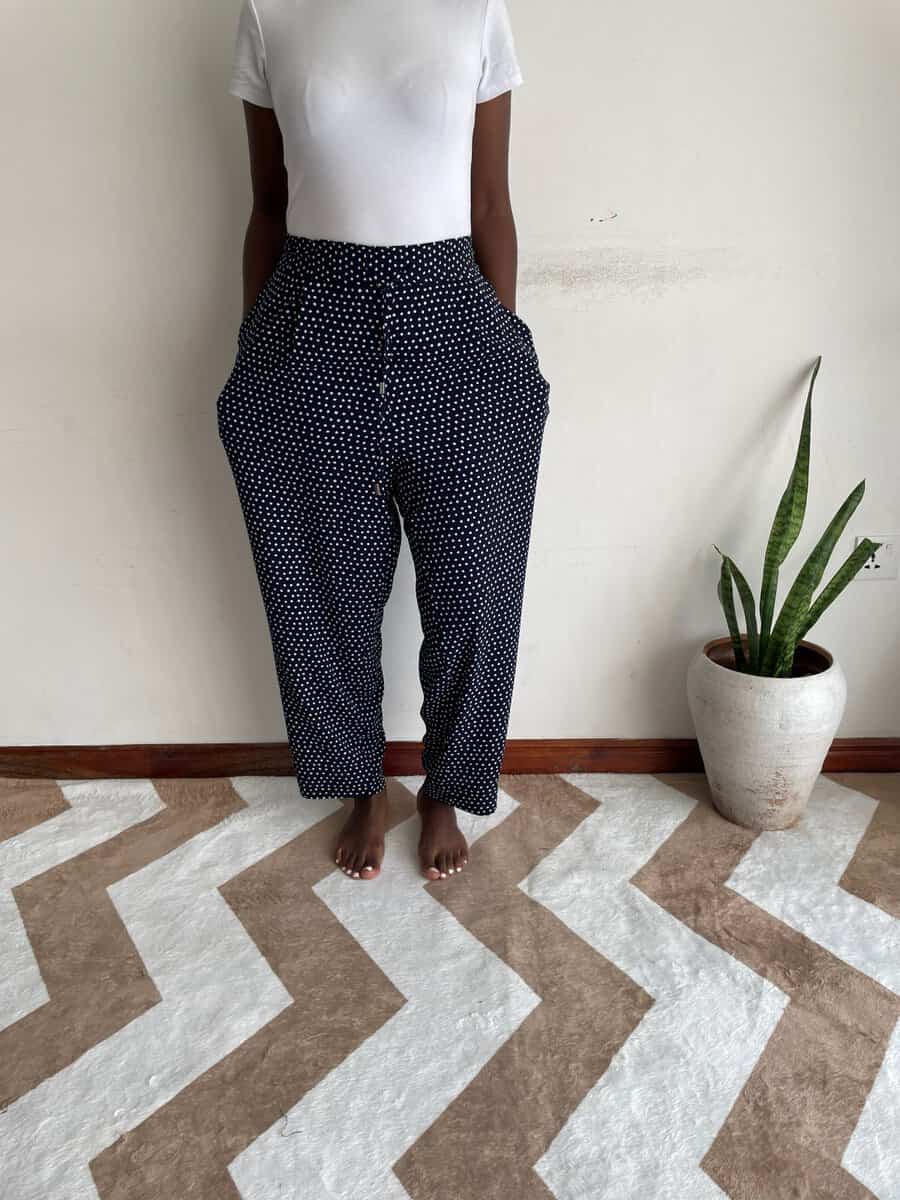 navy white dot harem peg size 20 01 navy and white polka dot harem pants front view
