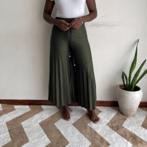 New Arrivals olive accordion pleated wide-leg pants front view