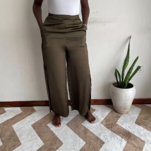 New Arrivals olive satin wide-leg pants front view