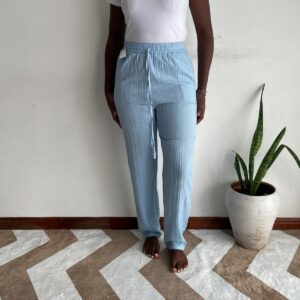 New Arrivals sky blue ribbed drawstring tapered trousers front view