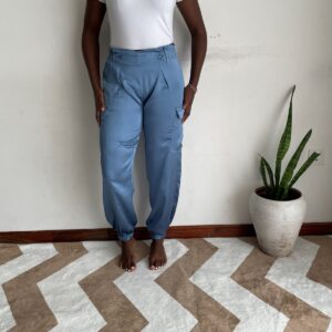 New Arrivals steel blue satin cargo jogger front view