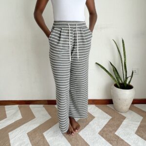 Black & White Striped Drawstring Trousers, front view