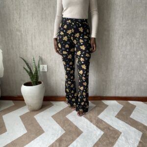 Black & Yellow Floral Flare Pants, front view