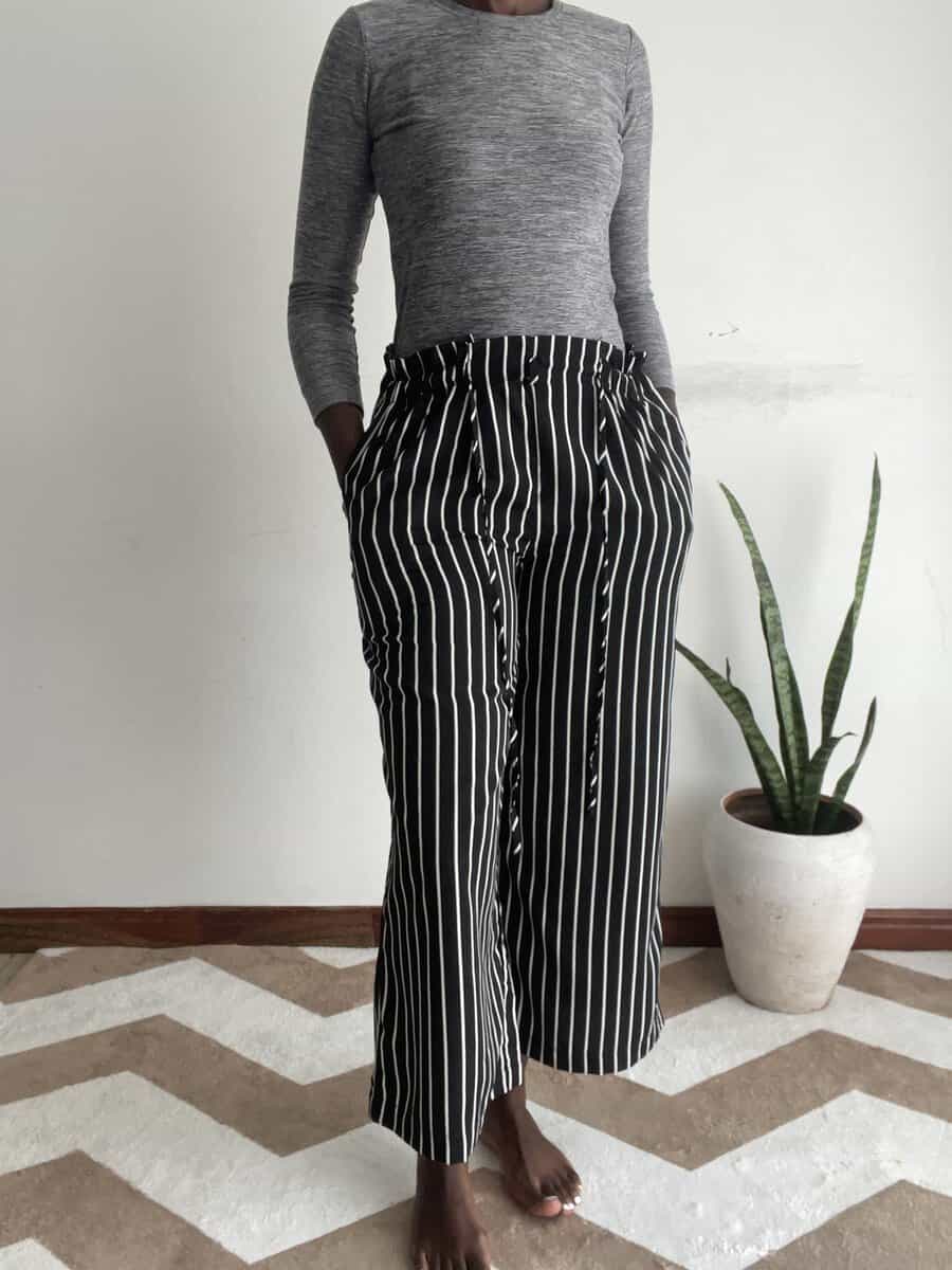 black pinstripe wide leg pants | size 8/10 Black Pinstripe Wide-Leg Pants, front view
