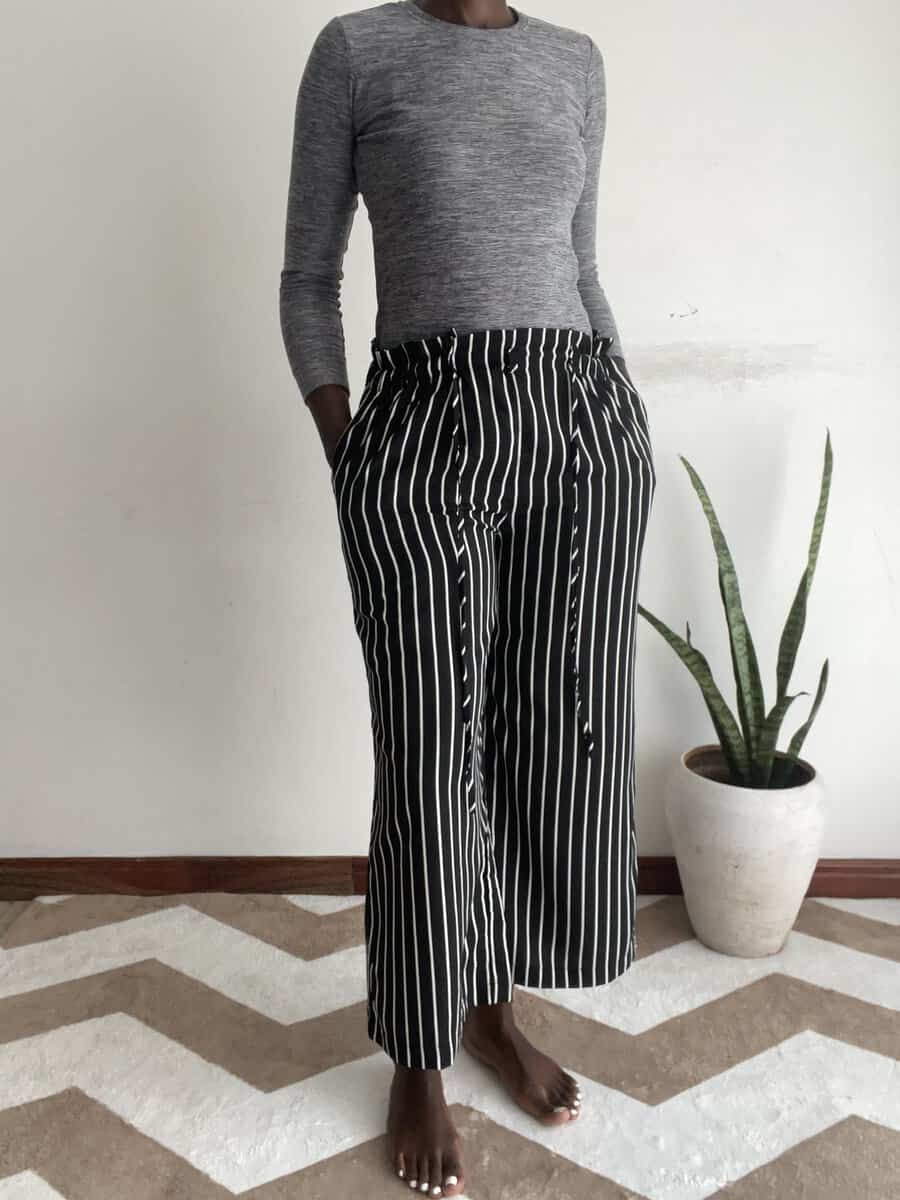 black pinstripe wide leg pants | size 8/10 Black Pinstripe Wide-Leg Pants, another view