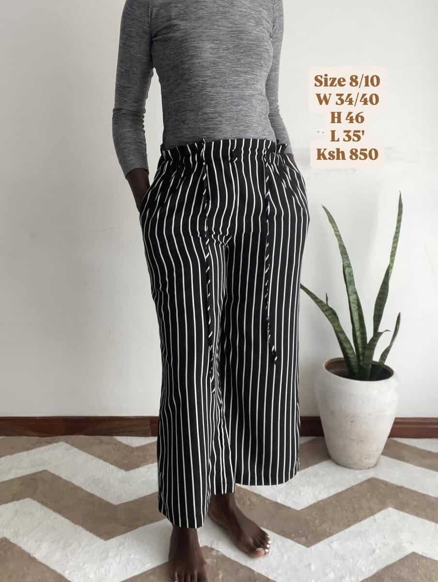 black pinstripe wide leg pants | size 8/10 Black Pinstripe Wide-Leg Pants, with measurements