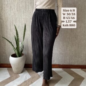 Black Plisse Wide-Leg Pants, with measurements
