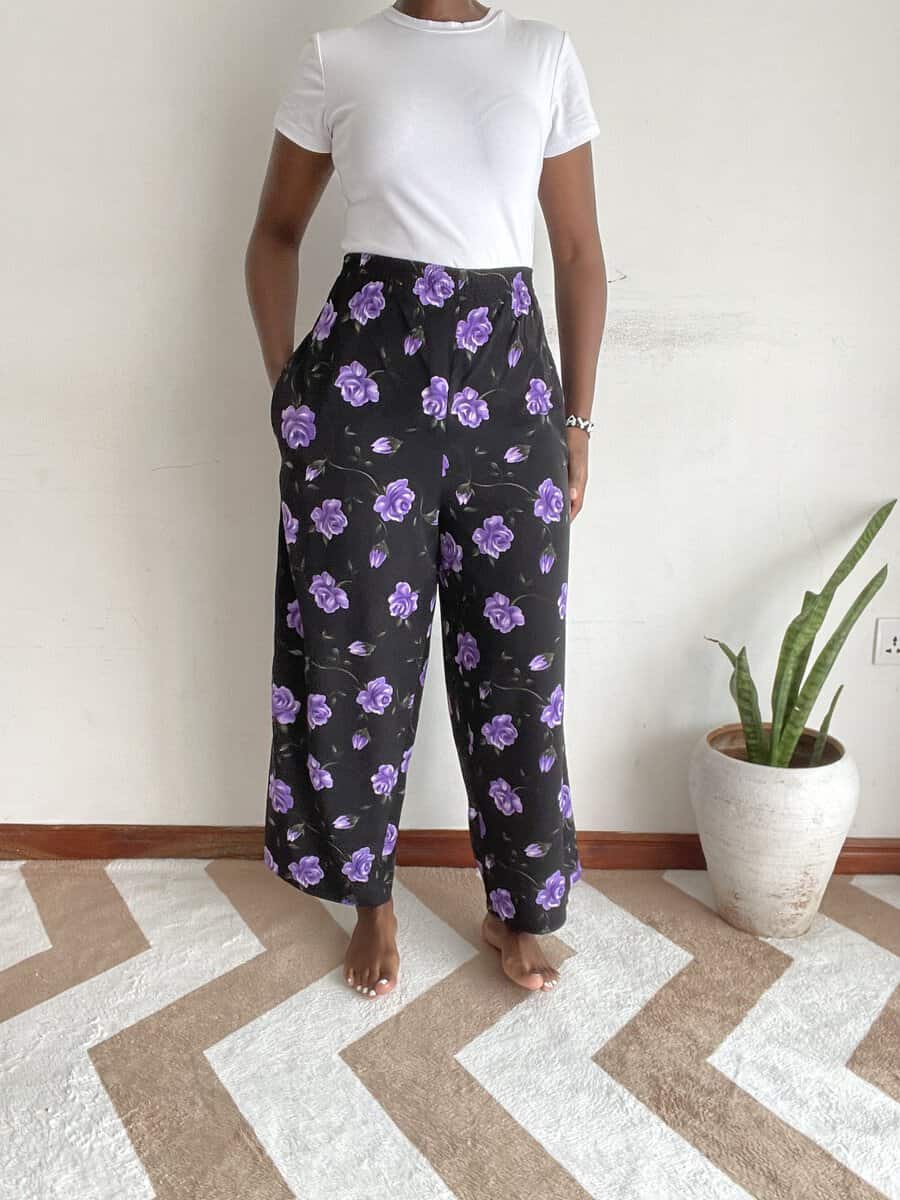black purple floral wide leg pants size 16 01 Black background purple rose floral wide-leg pants, front view