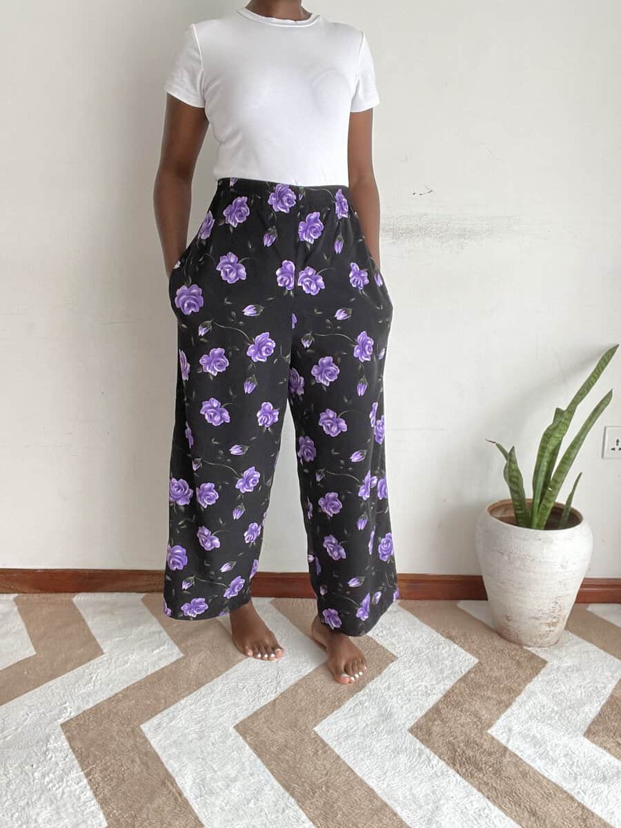 black purple floral wide leg pants size 16 02 Black background purple rose floral wide-leg pants, side view