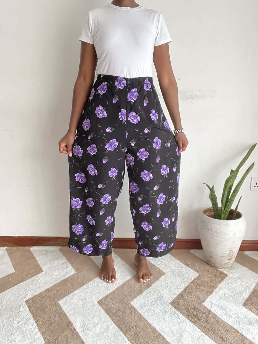 black purple floral wide leg pants size 16 03 Black background purple rose floral wide-leg pants, back view