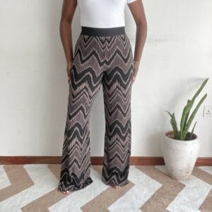 Black and tan chevron zigzag wide-leg pants, front view