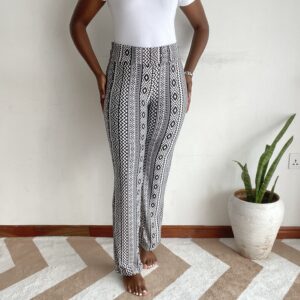 Black and white aztec geometric wide-leg pants, front view