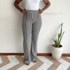 Black and white houndstooth check wide-leg pants, front view