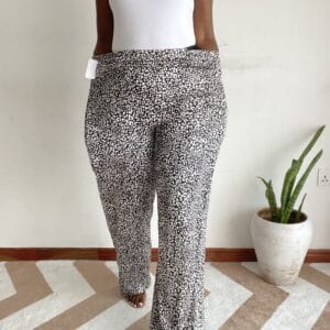 Black and white leopard-spot wide-leg pants, front view
