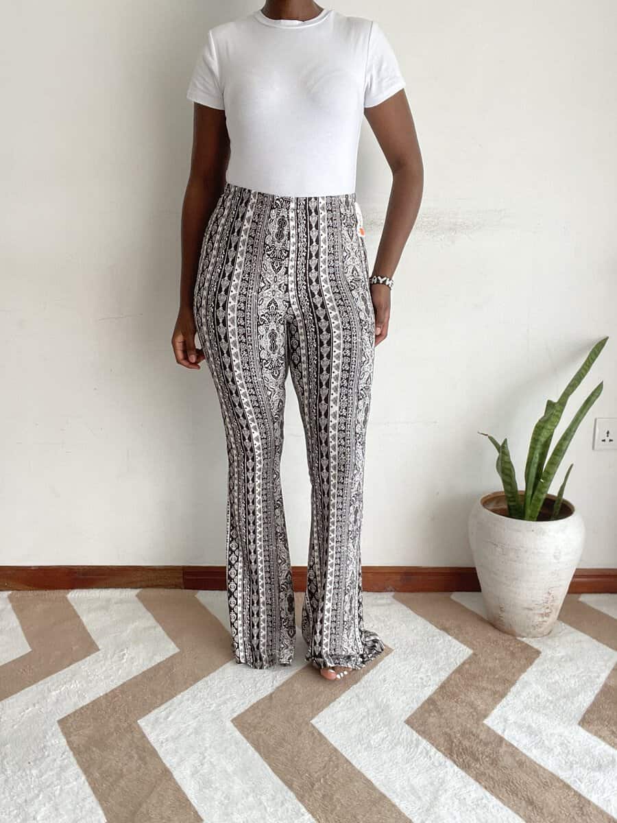 black white ornate boho stripe flare pants size 8 14 01 Black and white ornate boho stripe flare pants, front view