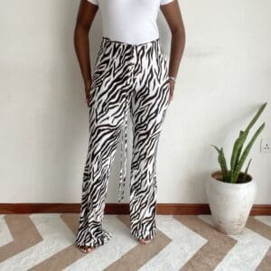Black and white zebra print flare pants, front view