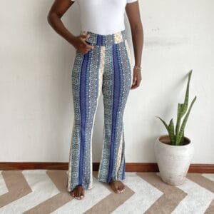 Blue cream and teal boho medallion stripe flare pants, front view