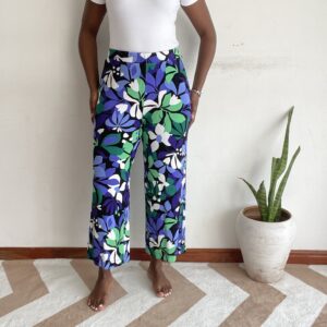 Blue green and white abstract leaf floral cropped wide-leg pants, front view