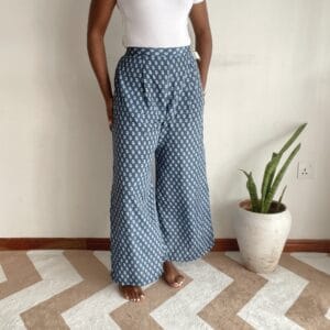 Denim-blue white block-print floral wide-leg pants, front view
