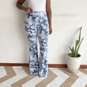 Blue and white marbled tie-dye plus-size flare pants, front view