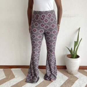 Burgundy mauve and cream medallion print flare pants, front view