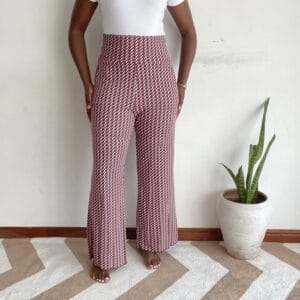 Burgundy and white chevron herringbone knit wide-leg pants, front view