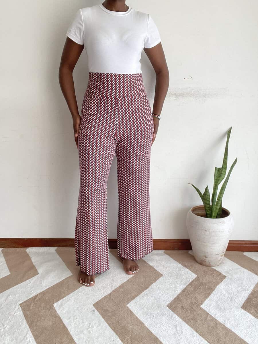 burgundy white chevron herringbone wide leg pants size 12 14 01 Burgundy and white chevron herringbone knit wide-leg pants, front view