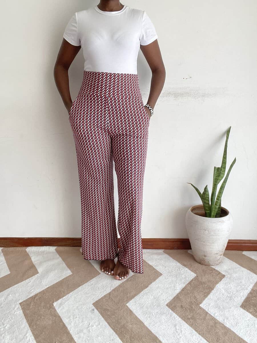 burgundy white chevron herringbone wide leg pants size 12 14 02 Burgundy and white chevron herringbone knit wide-leg pants, back view