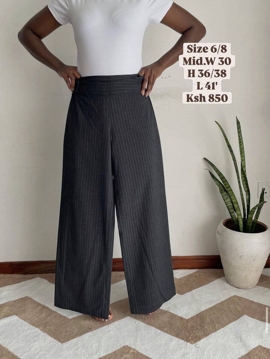 charcoal pinstripe wide leg trousers | size 6/8 Charcoal Pinstripe Wide-Leg Trousers, with measurements
