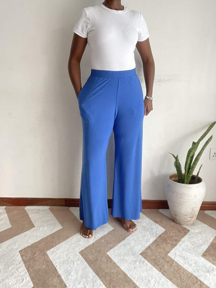 cobalt blue wide leg pants size 12 14 04 Solid cobalt blue wide-leg pants, pocket detail