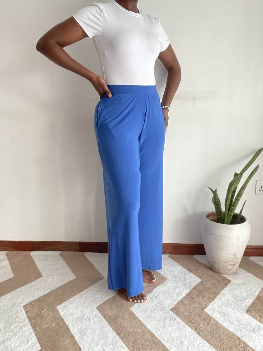 cobalt blue wide leg pants size 12 14 06 Solid cobalt blue wide-leg pants, styled view