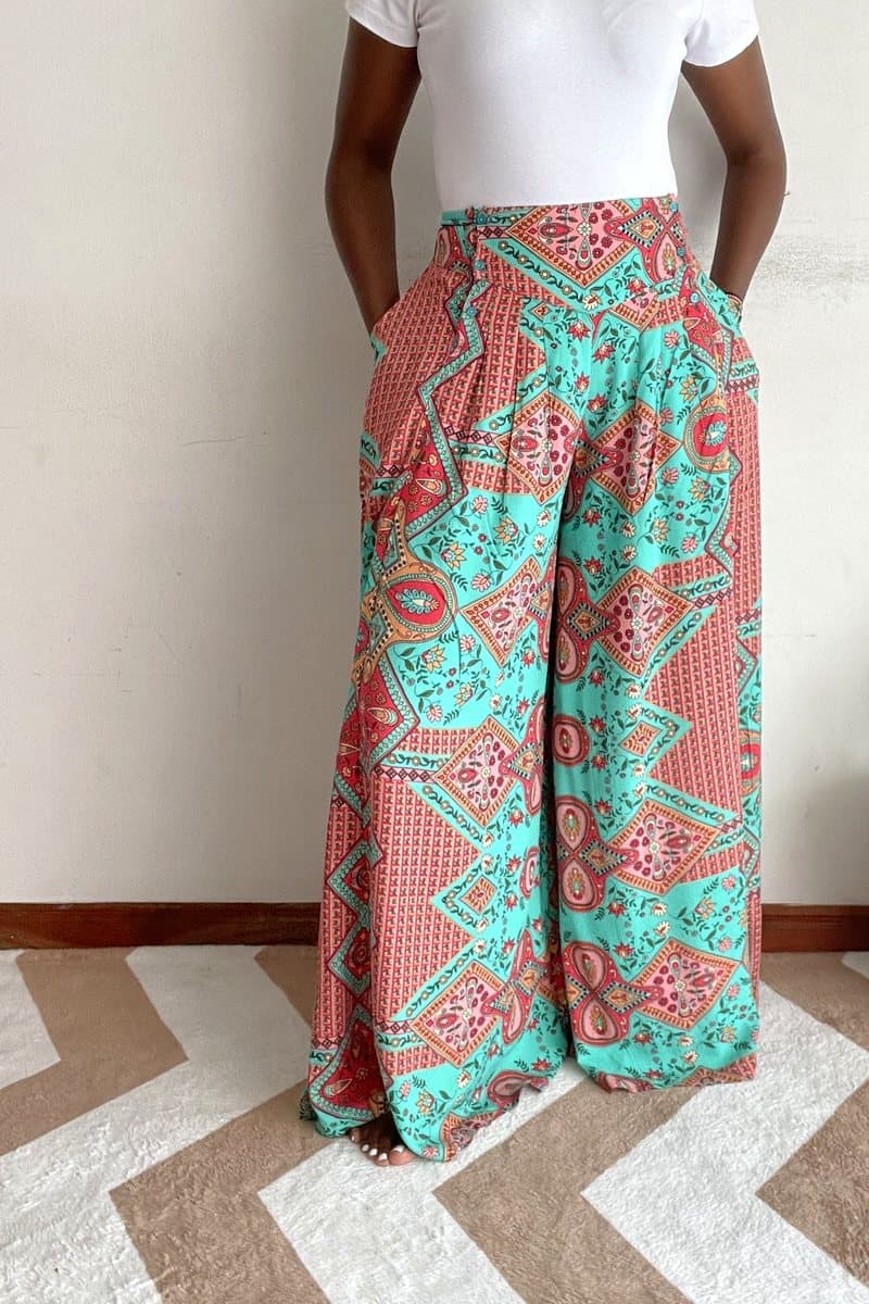 Teal and coral boho medallion pleated palazzo pants
