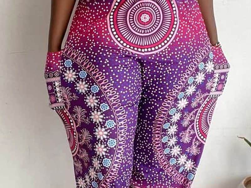 Purple and pink mandala harem pants, close up