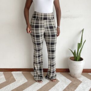 Black olive and cream plaid flare pants, front view
