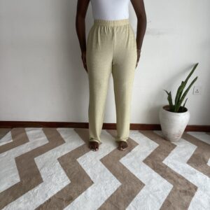 Gold champagne metallic sheen straight-leg trouser, front view