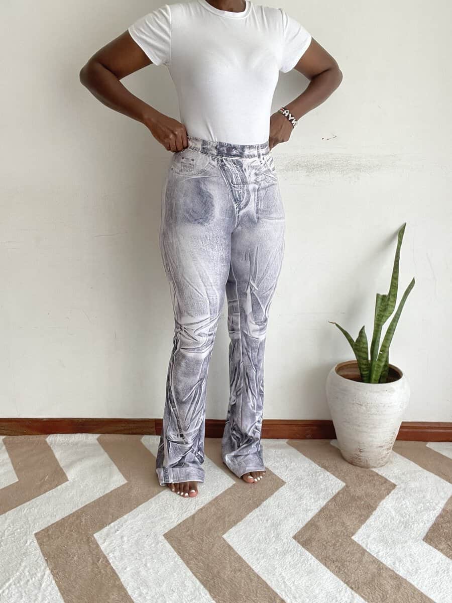 gray denim marble tie dye flare pants size 6 8 01 Gray denim-look marble tie-dye flare pants, front view