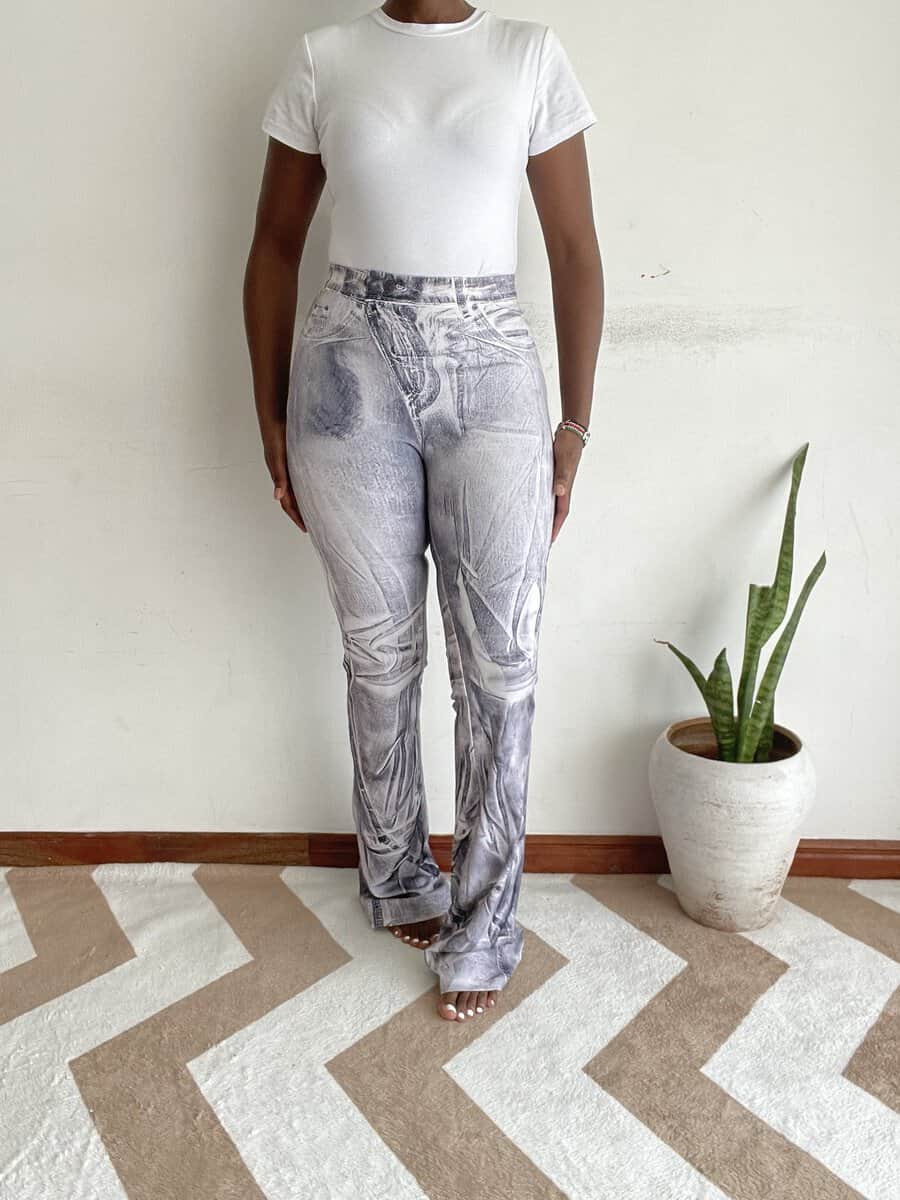 gray denim marble tie dye flare pants size 6 8 02 Gray denim-look marble tie-dye flare pants, side view