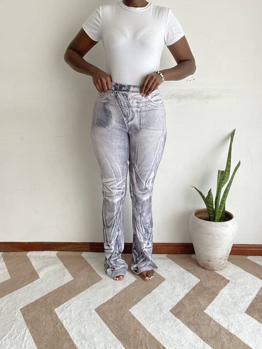 gray denim marble tie dye flare pants size 6 8 03 Gray denim-look marble tie-dye flare pants, back view