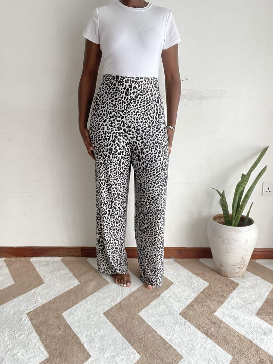 leopard plus size straight leg pants size 20 28 02 Black and white leopard print plus-size straight-leg pants, side view