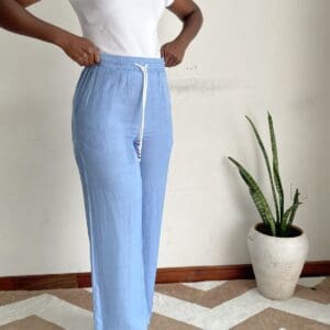Light Blue Drawstring Straight Trousers, front view