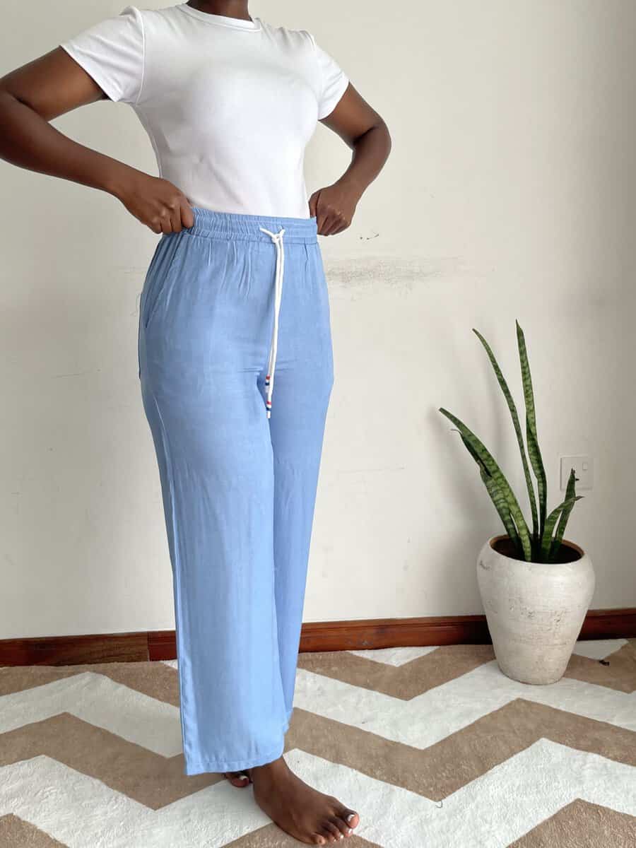 light blue drawstring straight trousers | size 8/10 Light Blue Drawstring Straight Trousers, front view