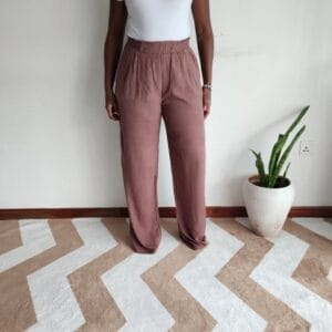 Solid mocha dusty brown paperbag waist wide-leg pants, front view
