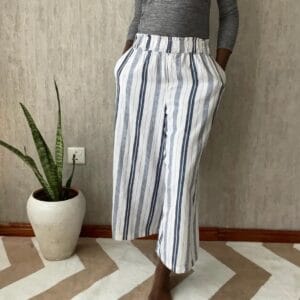 Navy blue and white striped linen culottes